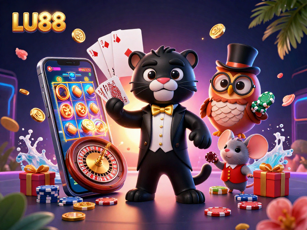 LU88 offers thrilling gaming experiences with a stylish panther dealer amidst vibrant casino elements.
