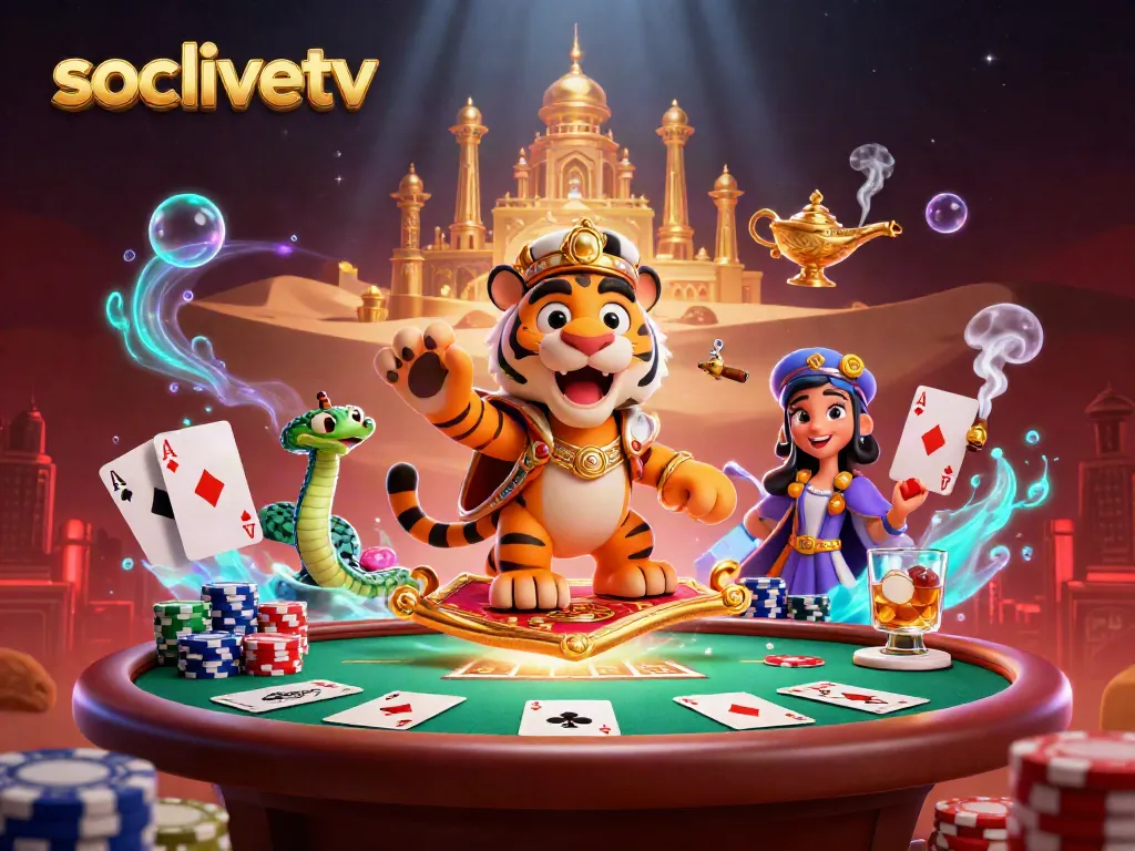 Engage with the thrilling action of socolivetv, showcasing a vibrant scene of Casino-style excitement with poker elements and captivating characters.