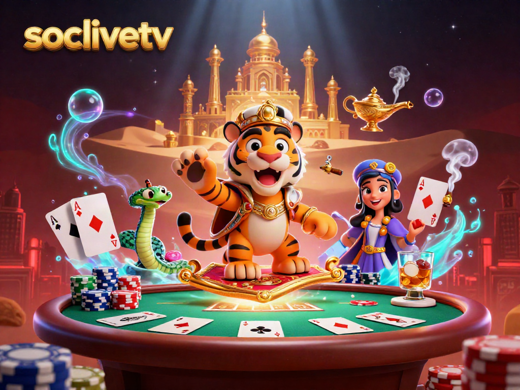 Engage with the thrilling action of socolivetv, showcasing a vibrant scene of Casino-style excitement with poker elements and captivating characters.