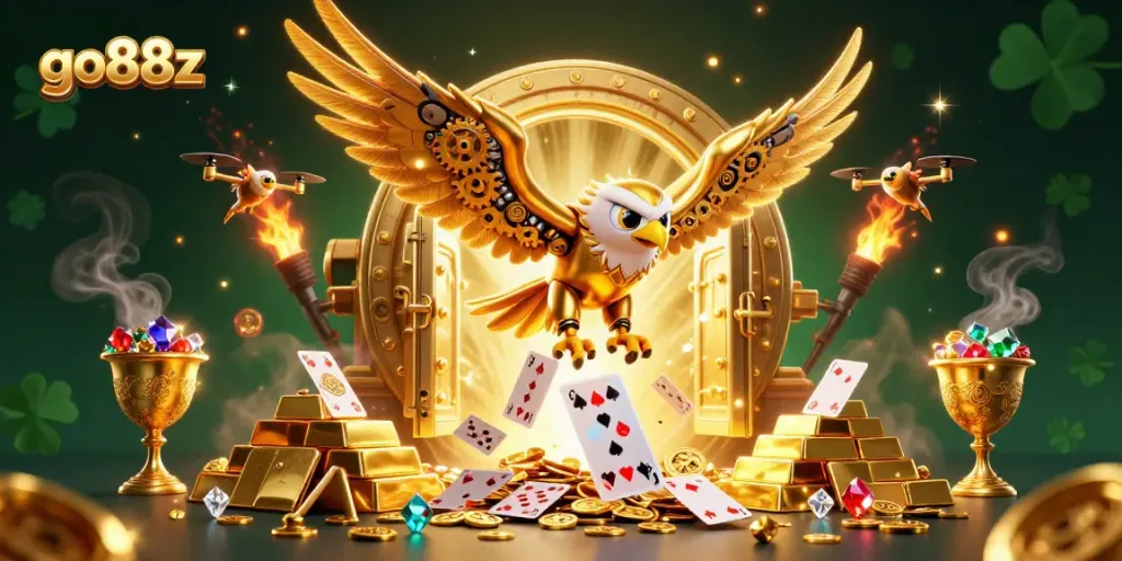 Experience the thrill of go88z as a cybernetic eagle dives through holographic cards amidst treasure.