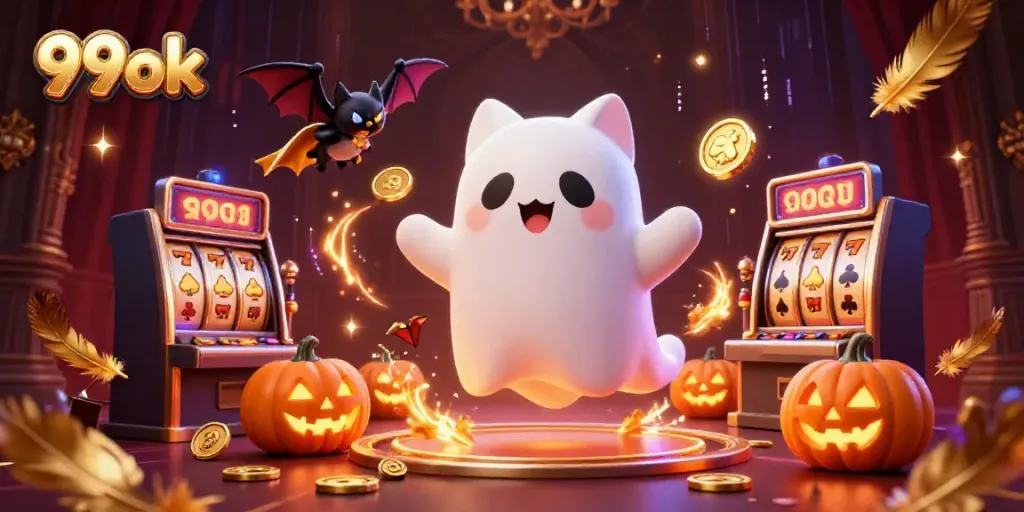 Engage with 99ok's vibrant ghostly casino scene featuring friendly characters amidst excitement.