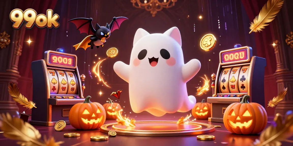 Engage with 99ok's vibrant ghostly casino scene featuring friendly characters amidst excitement.