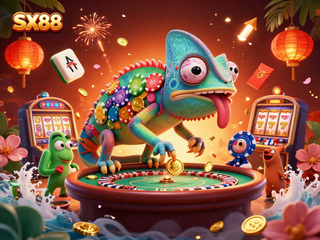 SX88 captures excitement at a vibrant casino with a colorful chameleon owner and festive game elements.