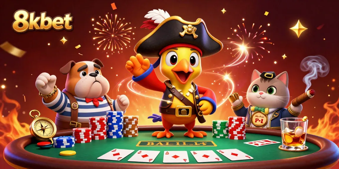 Experience thrilling gameplay at 8xbet with pirate characters and poker excitement in a vibrant scene.