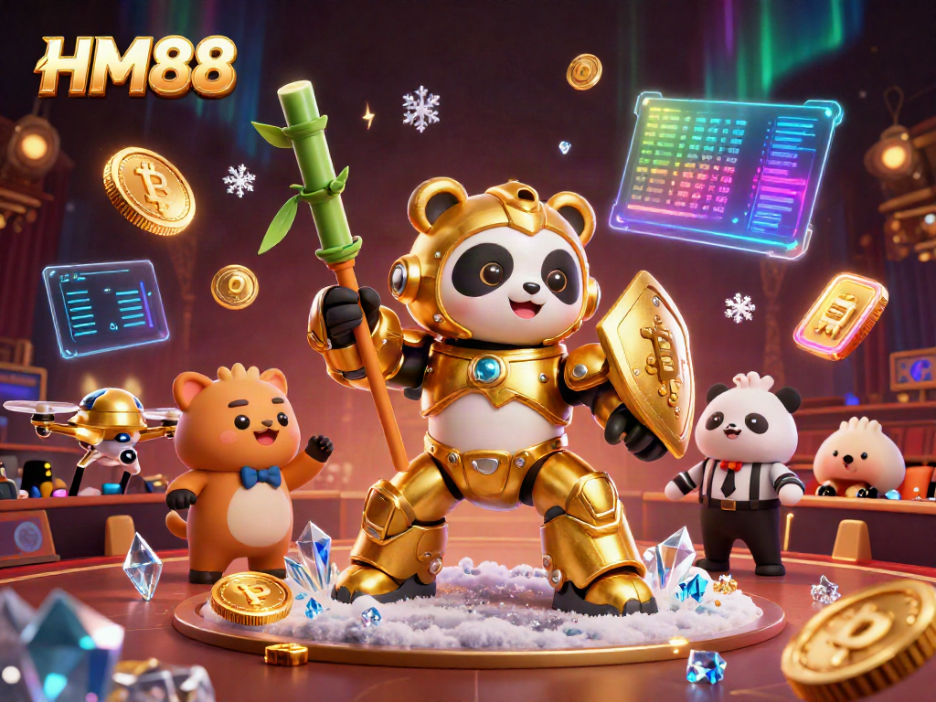 Join the excitement at HM88! Engage in thrilling casino games with a mech-suit panda in a vibrant arena.