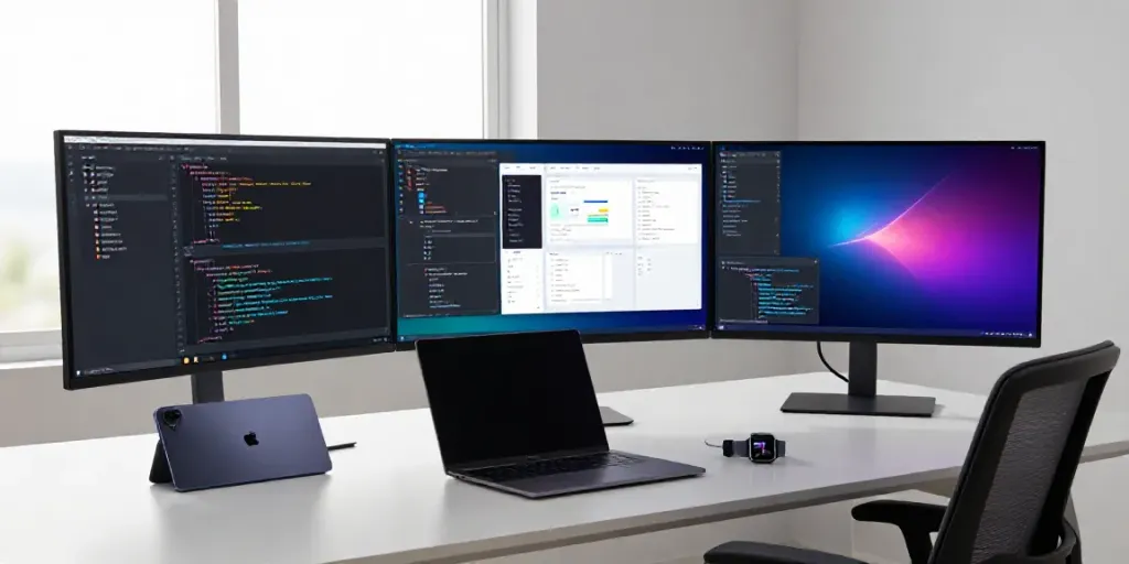 Übersicht über innovative Gadgets in einem modernen Entwicklerarbeitsplatz mit Softwareentwicklung und UI-Design.