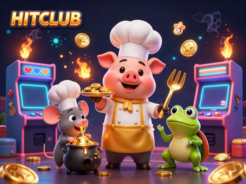 Experience HITCLUB like never before with golden coins and vibrant game elements in this dynamic casino scene.