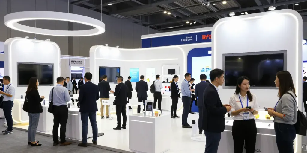 Exhibitors showcasing innovative products at a vibrant trade show, highlighting Aussteller engagement.