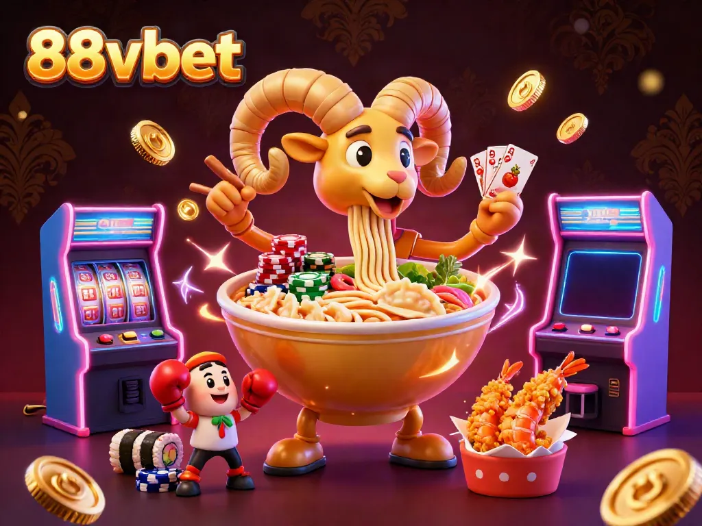 Engage with the vibrant world of 88vbet featuring a giant ramen bowl character amidst colorful casino elements.