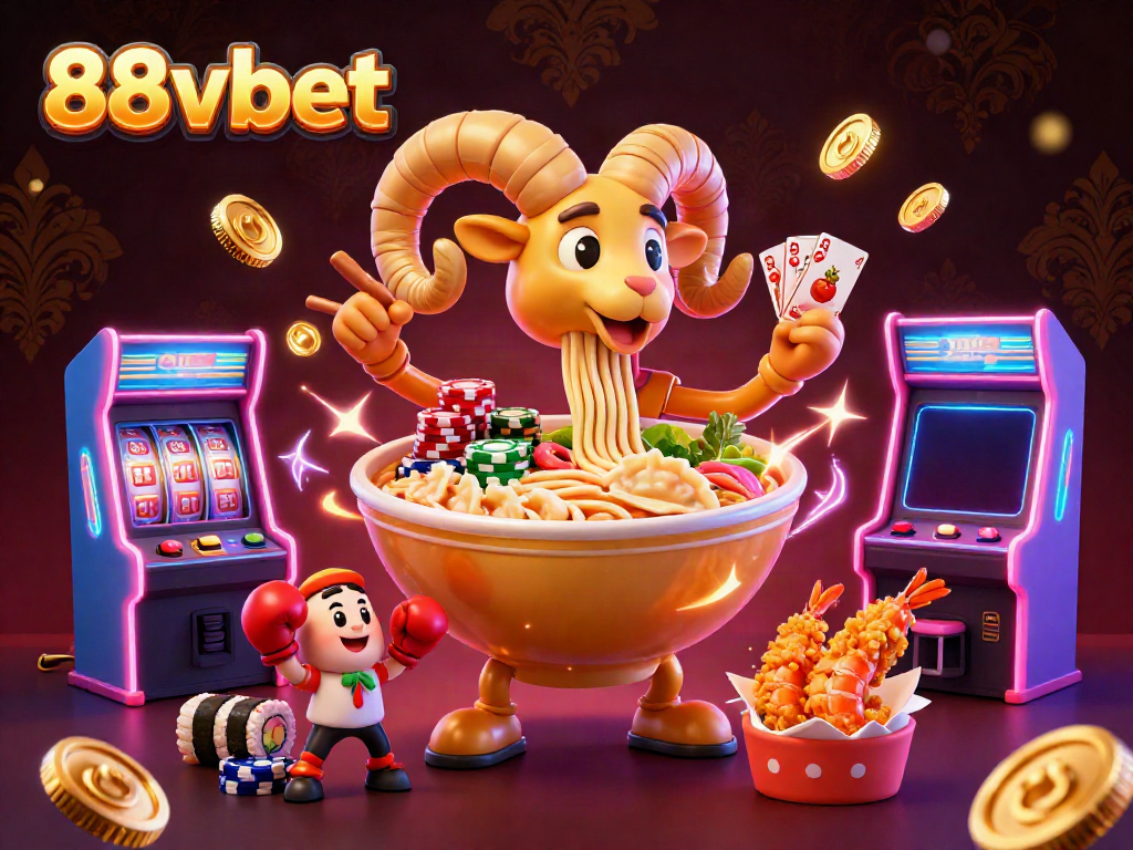 Engage with the vibrant world of 88vbet featuring a giant ramen bowl character amidst colorful casino elements.