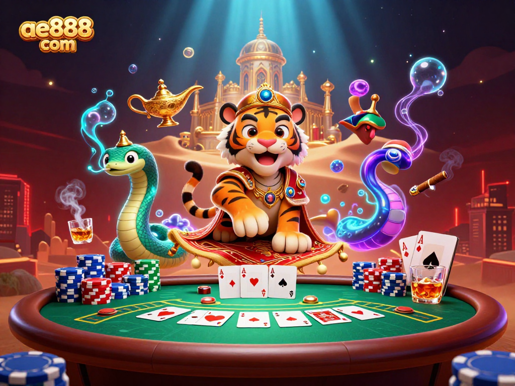 Engage with exciting casino action at ae888 com featuring a cartoon tiger sultan and poker elements.