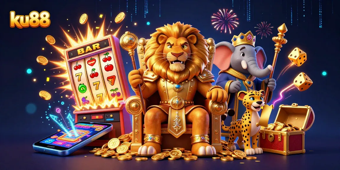 ku88 showcases a fierce lion king and vibrant casino elements in a stunning 3D illustration.