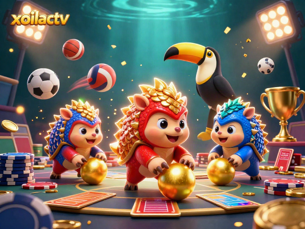 Xoilactv pangolins rolling in poker chips amid vibrant sports elements, capturing nail-biting gambling excitement.