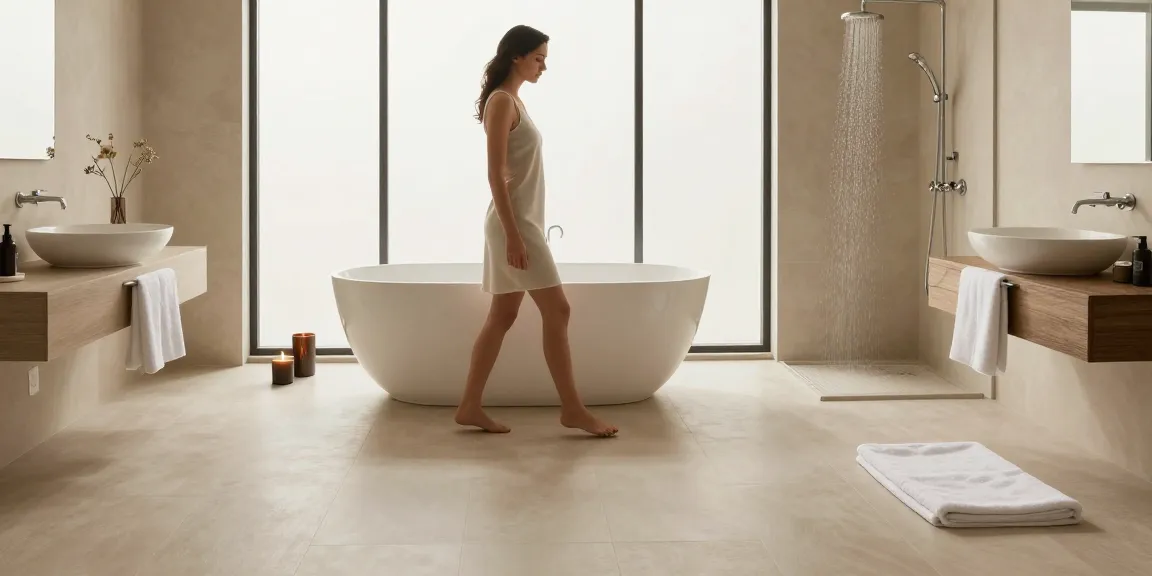 Elegantes fugenloses Bad mit minimalistischem Design, luxuriöser Badewanne und stilvollen Dekorationselementen.