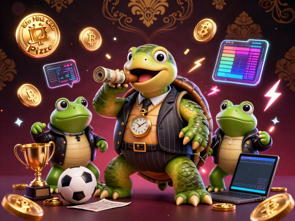 Kèo Nhà Cái Pizza showcases thrilling sports betting with cartoon turtle and bullfrog enforcers in a vibrant casino scene.