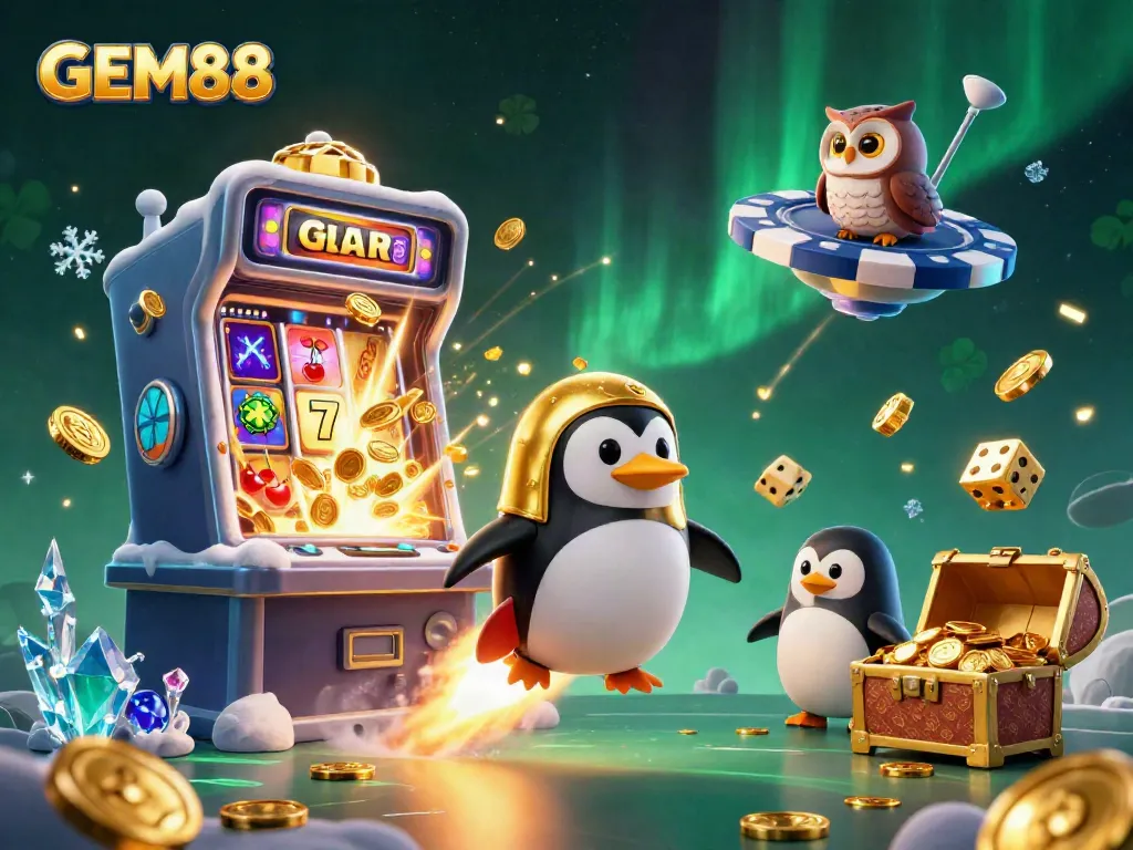 Witness GEM88's vibrant online casino landscape as a 3D penguin zips past slot games and treasure.