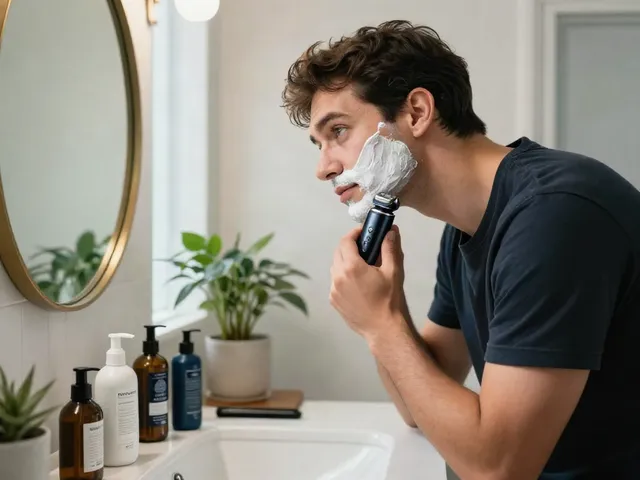 Elektrorasierer Herren in stilvollem Badezimmer, Mann pflegt sein Gesicht.