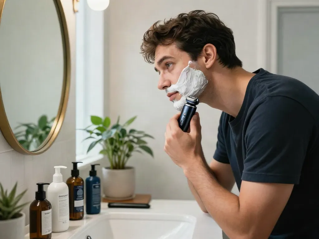Elektrorasierer Herren in stilvollem Badezimmer, Mann pflegt sein Gesicht.