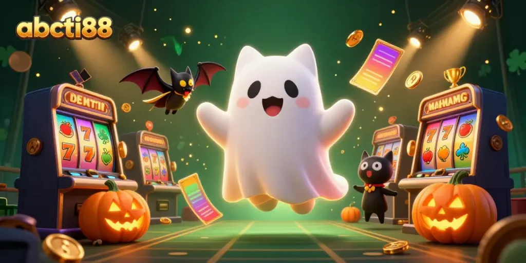 Engage with the abcti88 online casino as a 3D ghost cat explores a vibrant haunted mansion filled with lively slot game elements.