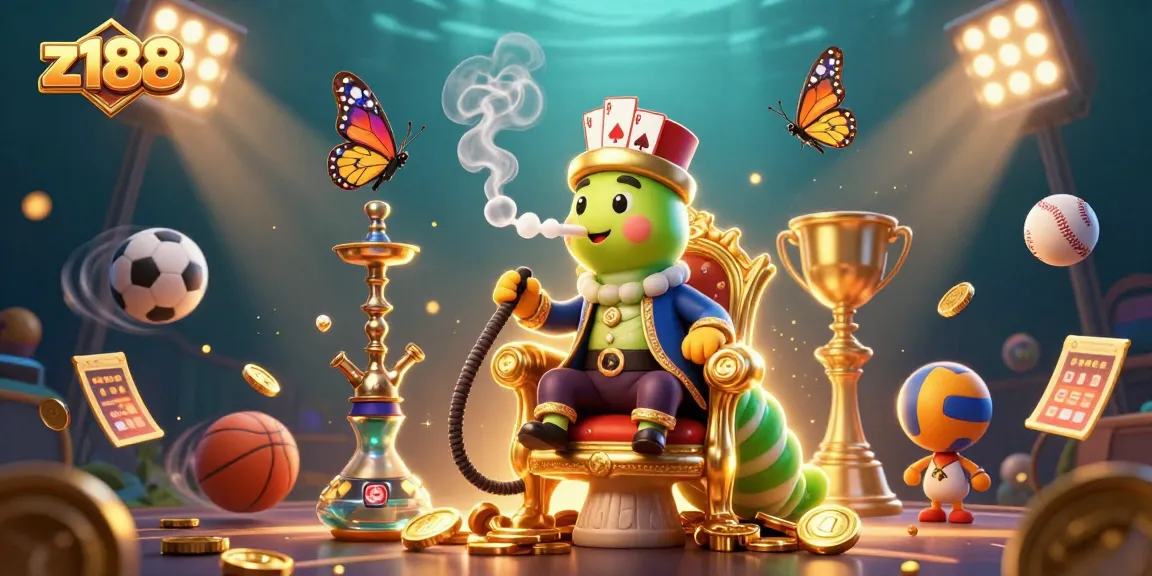 Bet on z188 with the whimsical caterpillar hookah-master in an enchanting 3D casino scene.