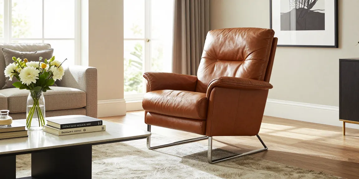 Luxuriöser Baxter Ledersessel in einem stilvollen Wohnzimmer mit natürlichem Licht, eleganter Dekoration und einladender Atmosphäre.