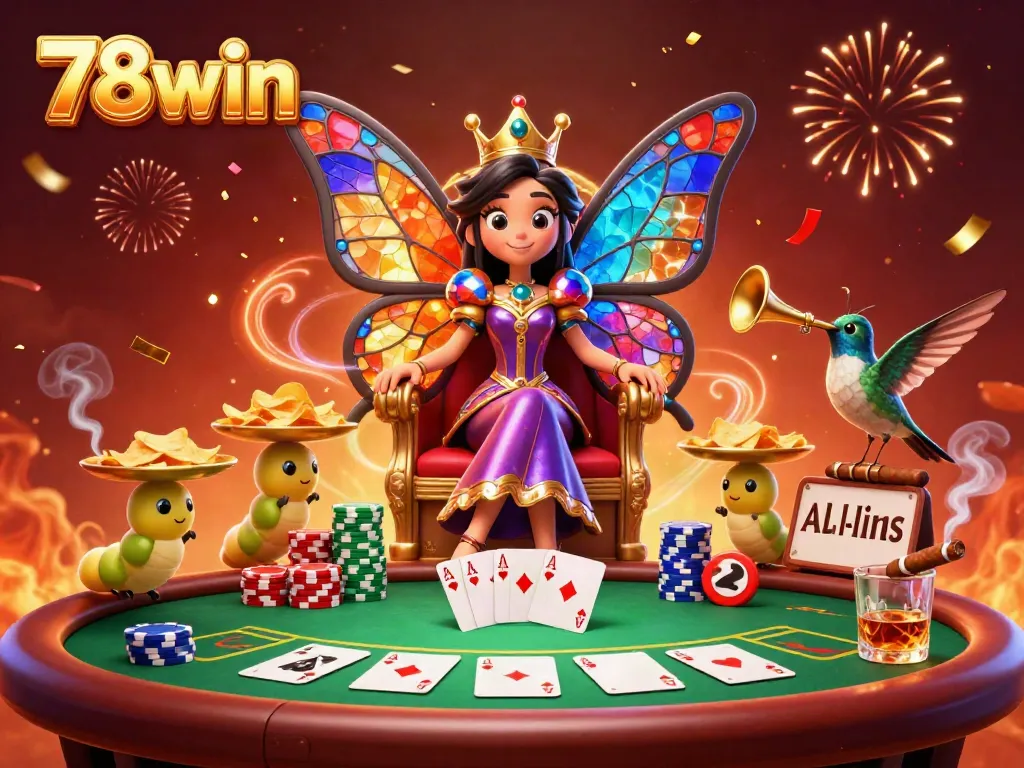 Experience excitement with 78win's colorful 3D casino illustration featuring a butterfly queen amidst poker chips and game elements.