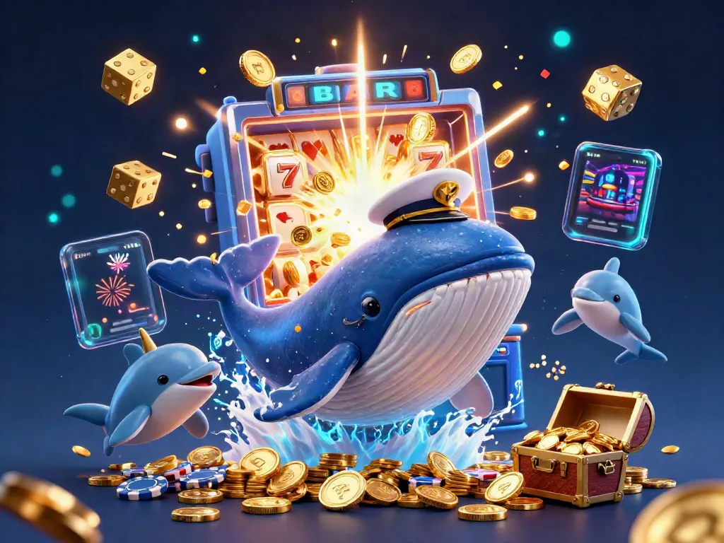 Experience thrilling moments with sunwin's colorful casino scene featuring a whale and dolphins amidst coins and games.