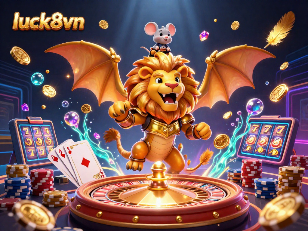 Experience winning thrills at luck8vn with golden coins and casino elements in a vibrant illustration.