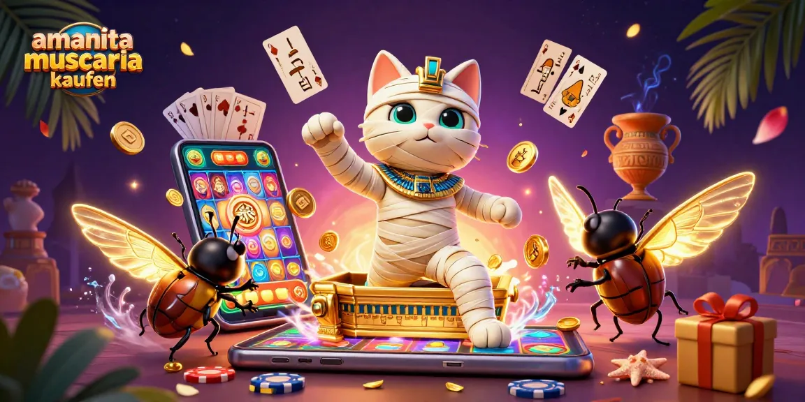 Engage with amanita muscaria kaufen at a vibrant casino scene featuring a mummy cat and magical elements.