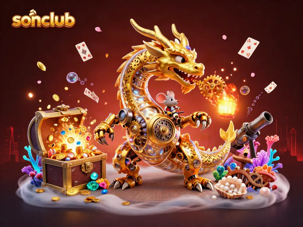 Engage in thrilling gaming adventures at sonclub with a golden dragon breathing gears and coins.