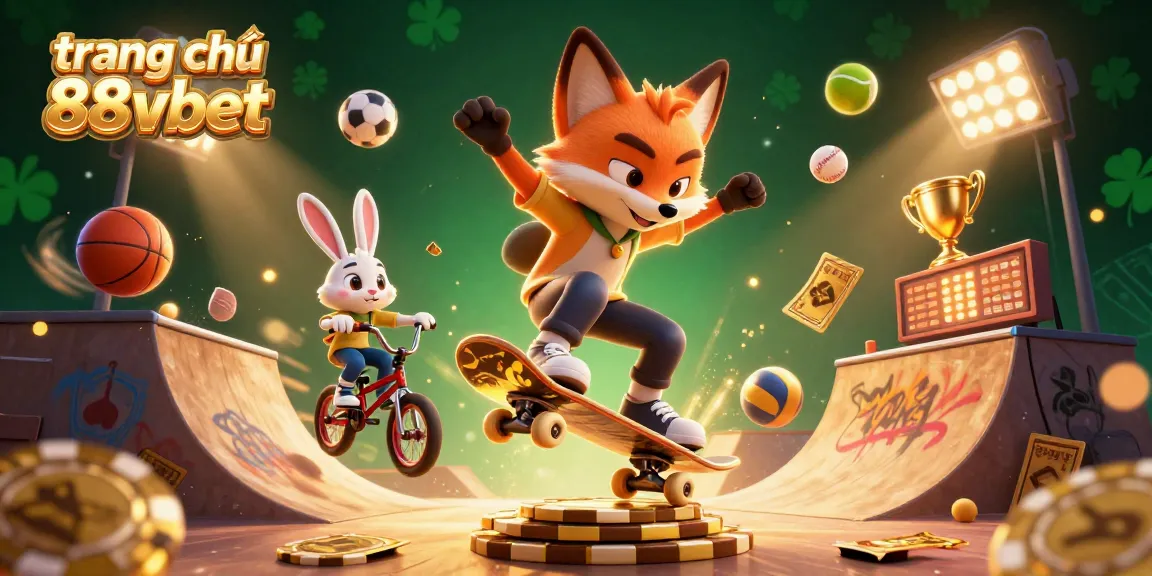 Engage in the exciting world of trang chủ 88vbet with this dynamic illustration showcasing an energetic skateboarding fox and BMX-riding rabbit.