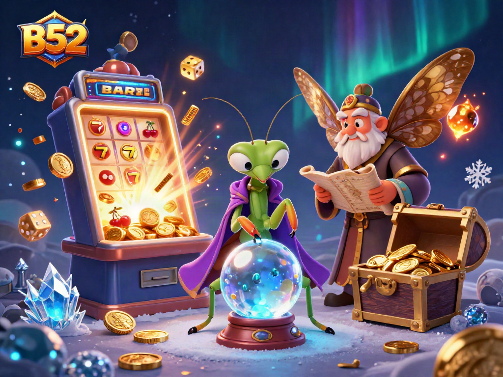 B52 players hitting jackpots in an enchanting casino scene filled with magical elements and vibrant gaming action.