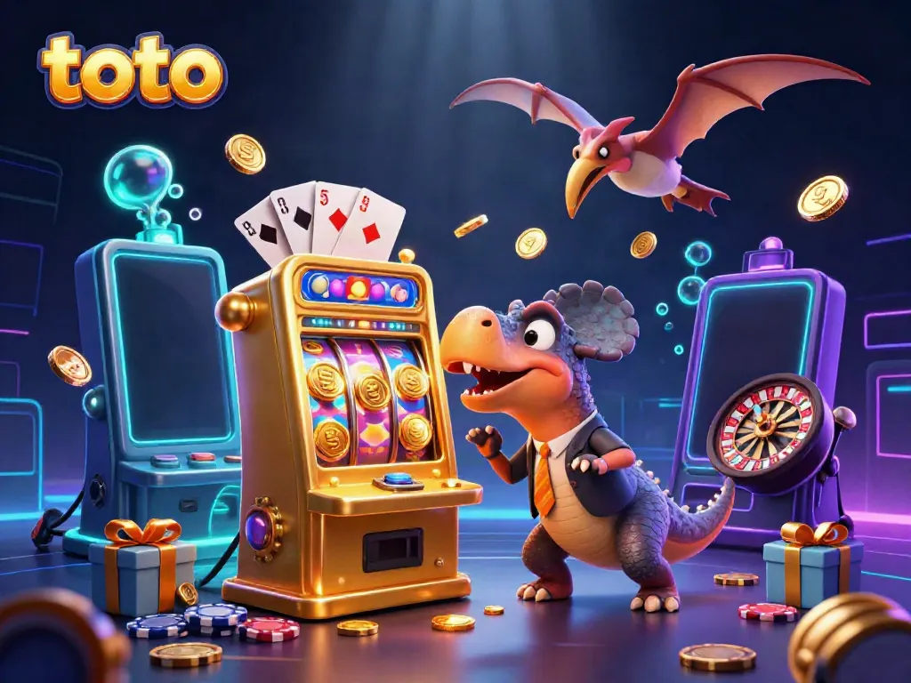 Toto-themed 3D scene of a pachycephalosaurus winning at a golden slot machine with casino elements