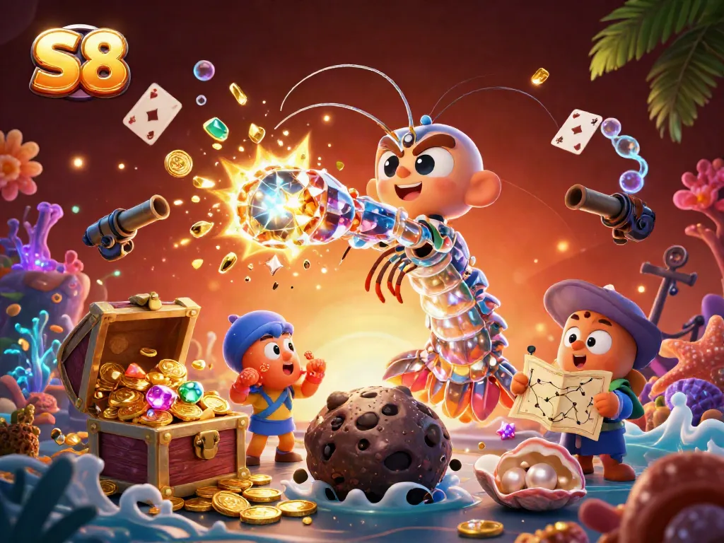Engage in exhilarating casino action with S8's vibrant, cartoon-style online gaming illustration.
