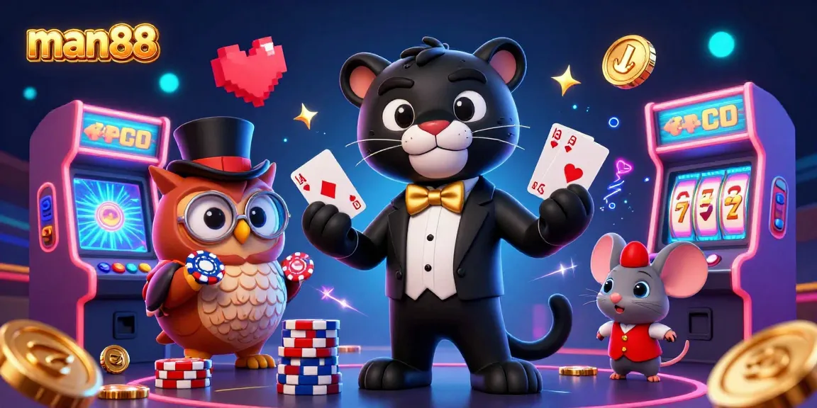 Experience thrilling gameplay with man88 in a vibrant 3D casino scene featuring a stylish panther, owl, and lucky mouse.