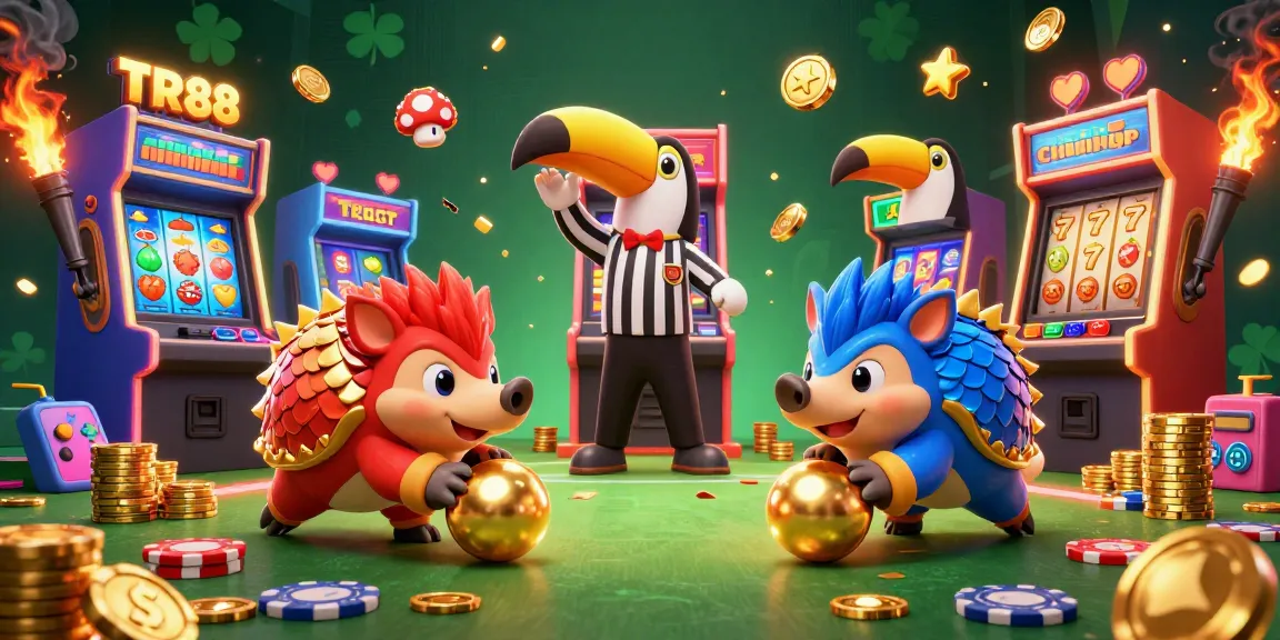 Engaging TR88 scene with rival pangolins bowling through poker chips, highlighting casino excitement.