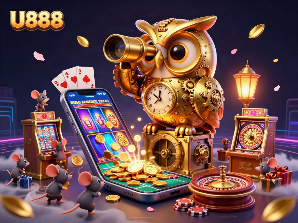 Experience the thrilling U888 casino atmosphere with a cartoon owl overseeing vibrant game elements.