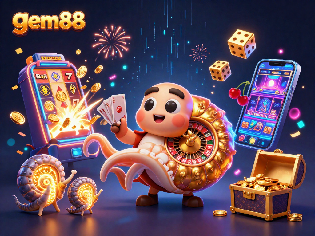 Enhance your experience at gem88 with a vibrant 3D casino scene featuring slot jackpots and colorful gaming elements.