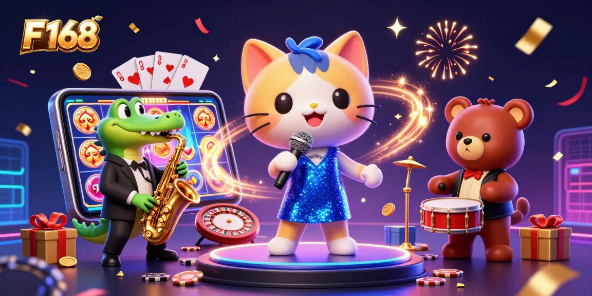 Experience thrilling slots with F 168 in a vibrant 3D casino scene with playful characters.