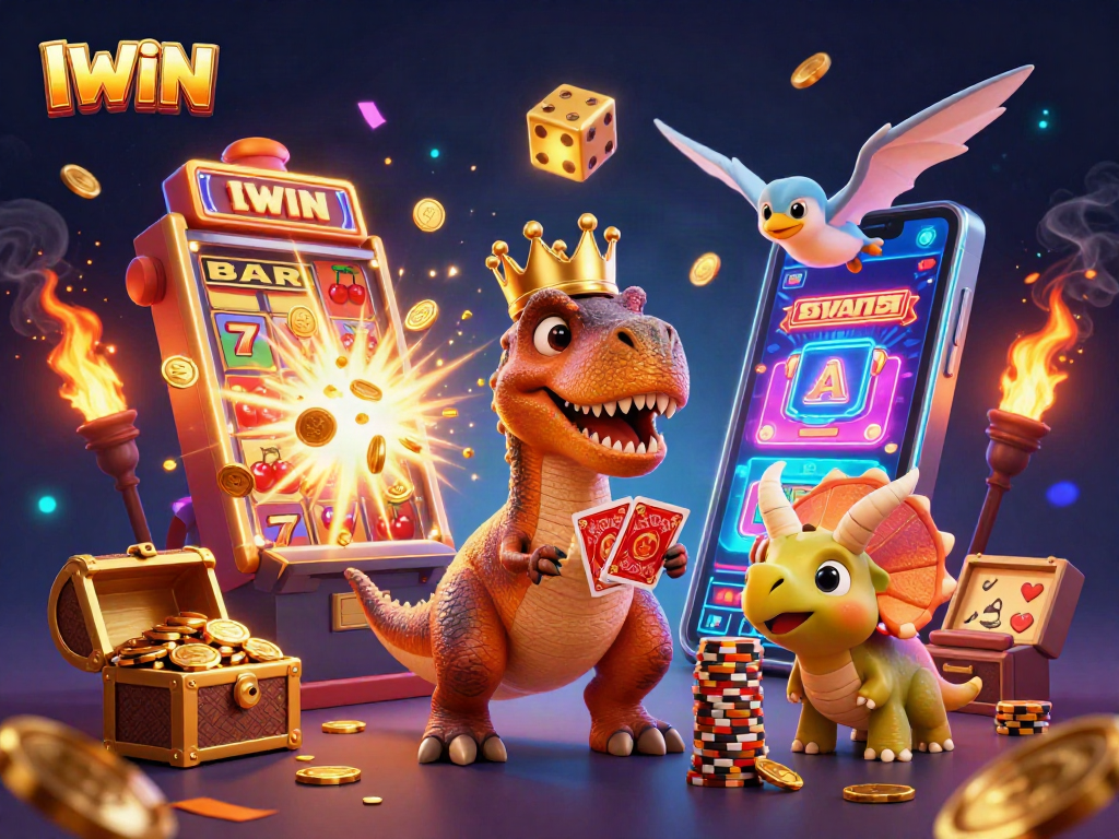 Experience the exciting IWIN casino adventure with friendly dinosaurs amidst jackpot chaos!
