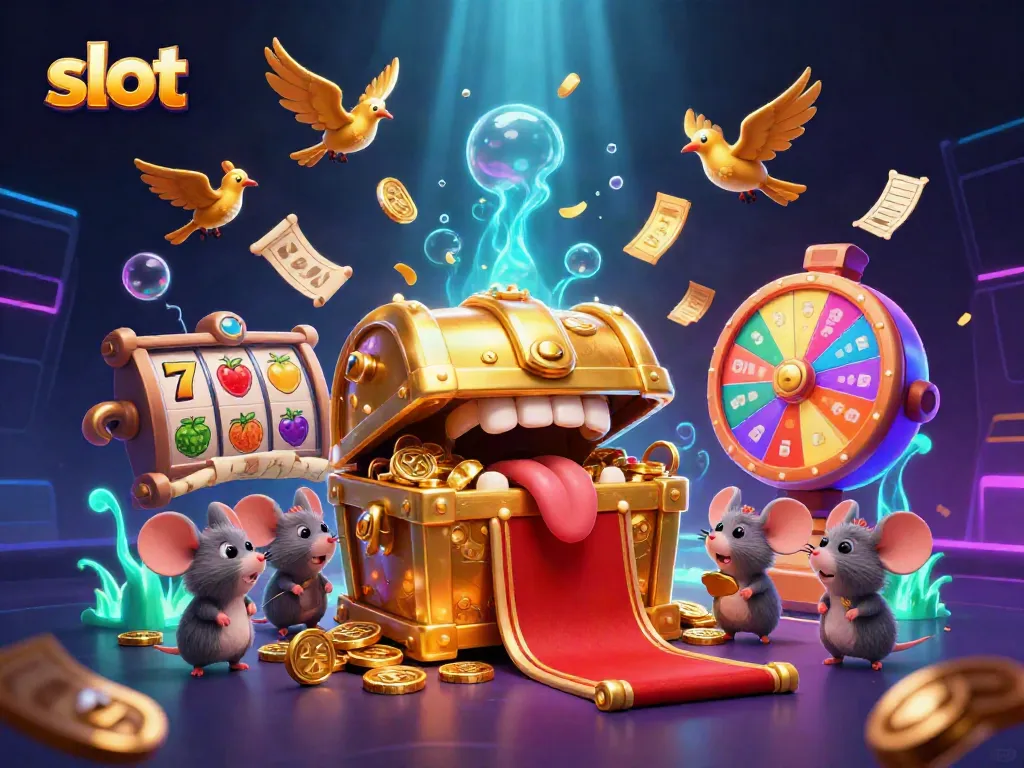Experience thrilling slot gameplay with treasure-filled cartoon characters and vibrant casino elements.