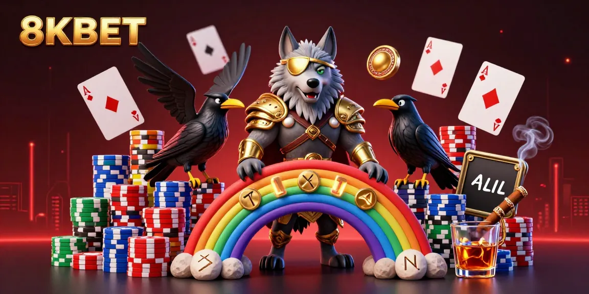 Engage in thrilling gameplay with 8KBET, featuring a vibrant casino scene of Norse mythology characters.