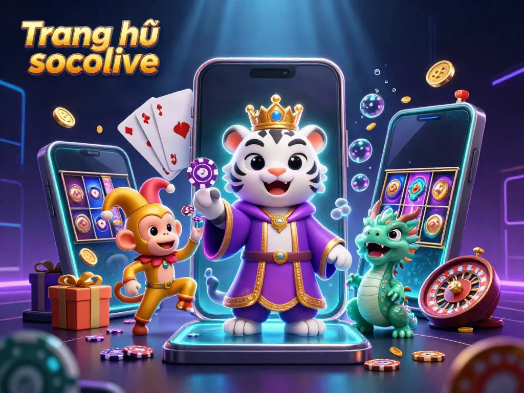 Experience Trang chủ socolive's vibrant live casino action with a whimsical tiger, monkey, and dragon illustration