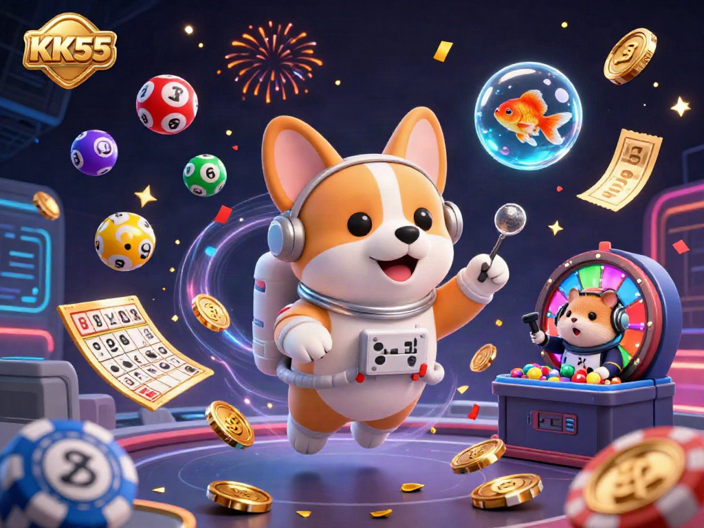 Experience the excitement of KK55 as a floating astronaut corgi navigates a space casino surrounded by lottery balls and golden coins.