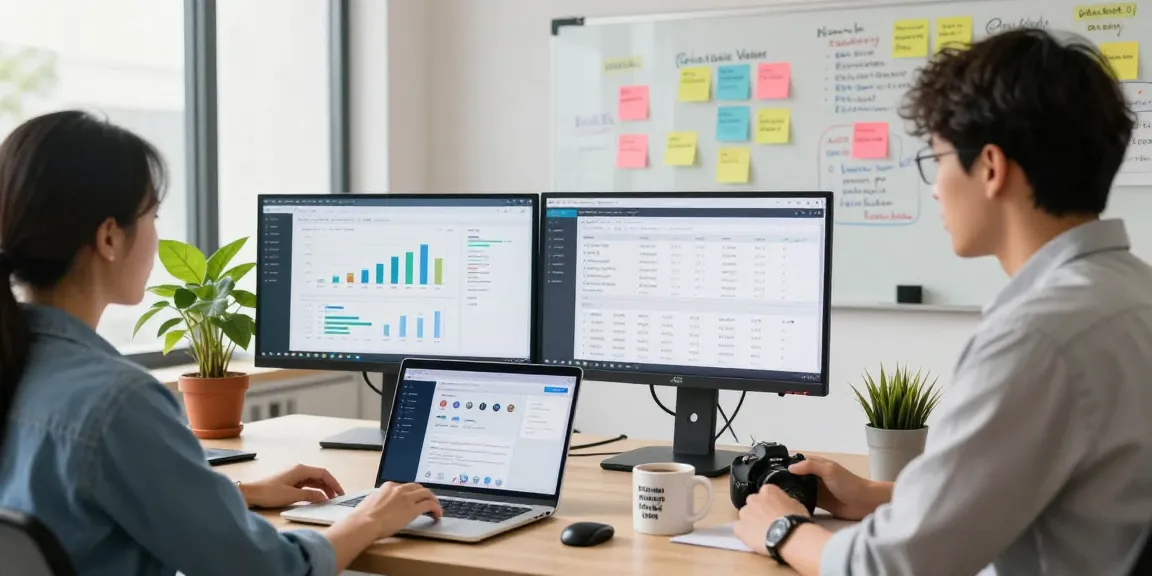 Analyzing rokok88 link data in a vibrant marketing workspace with dual screens and collaborative atmosphere.