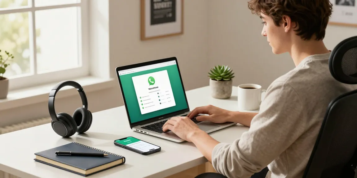 Professional using WhatsApp電腦版 on a modern laptop in a bright home office.