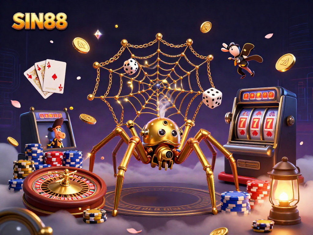 Experience the excitement of SIN88 with a steampunk spider and elegant fly in a whimsical casino scene.
