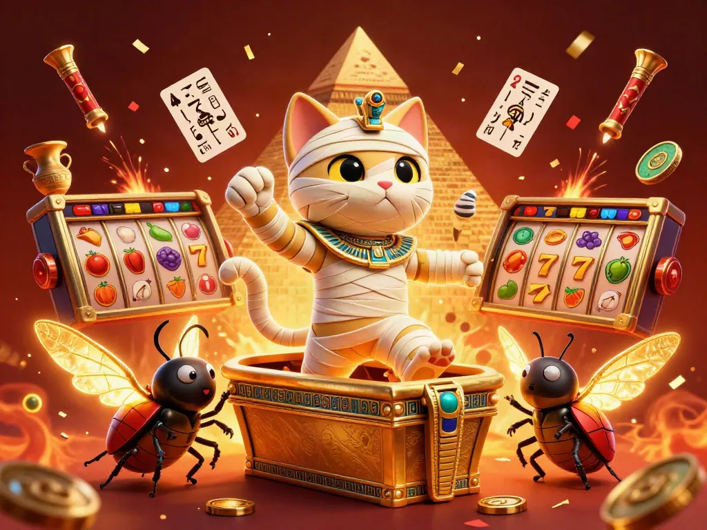 Experience the excitement of tk88 with an Egyptian mummy cat in a vibrant casino atmosphere.