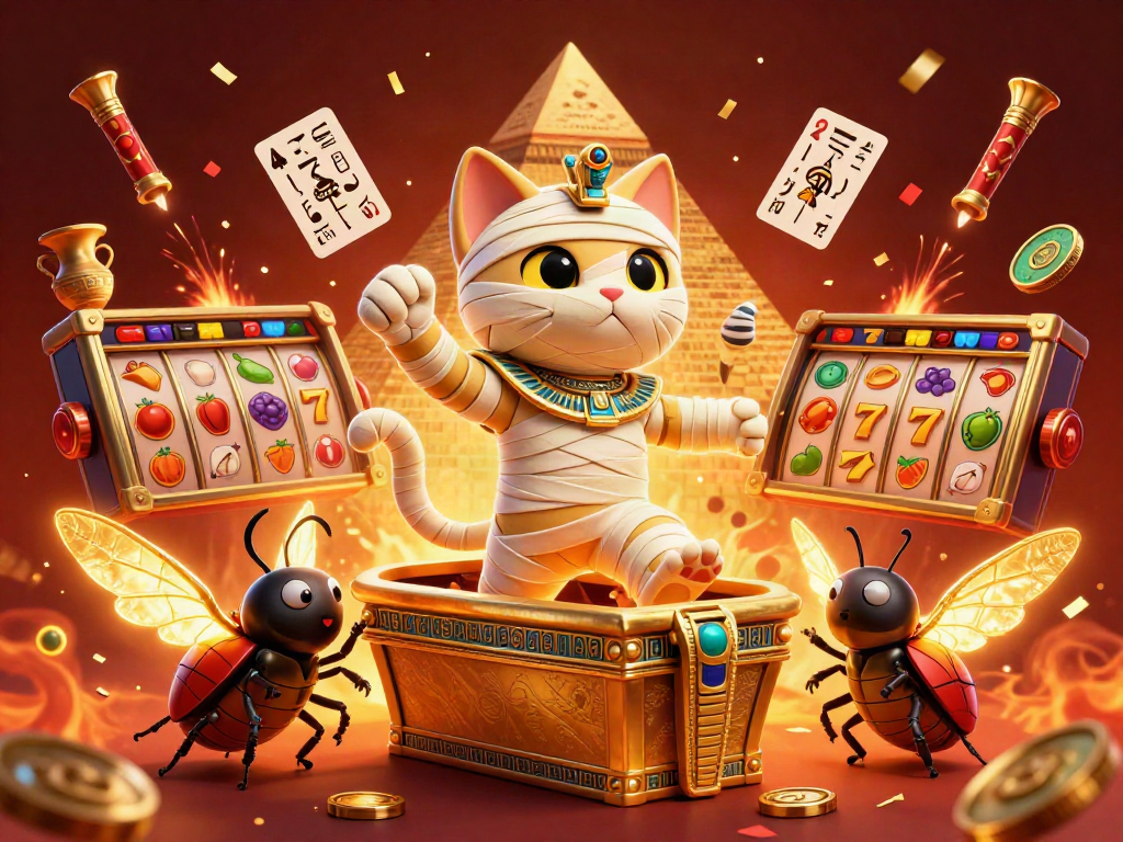 Experience the excitement of tk88 with an Egyptian mummy cat in a vibrant casino atmosphere.