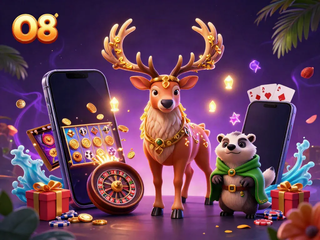 Experience O8's gaming magic with a vibrant illustration featuring Celtic characters and dynamic casino elements.